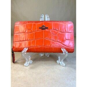 Coach Embossed Orange Coral Croc Accordion Zip Around Wallet Clutch Style 58048